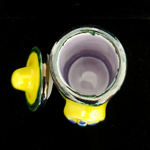 Handmade Small Ceramic Stash Jar in Bright Yellow with a Blue Flower - Picture 8 of 11